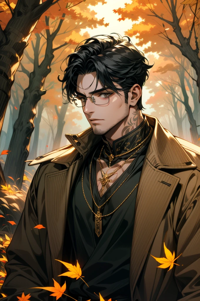 ((ultra detailed, masterpiece, absurdres))
 1boy, solo, black hair, tattoo, necklace,  black beard stubble, glasses, Rustic autumn forest, dynamic lighting, golden leaves, winding paths