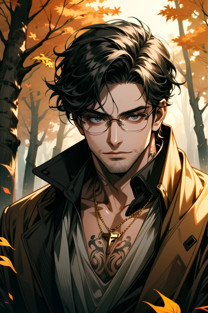 ((ultra detailed, masterpiece, absurdres))
 1boy, solo, black hair, tattoo, necklace,  black beard stubble, glasses, Rustic autumn forest, dynamic lighting, golden leaves, winding paths