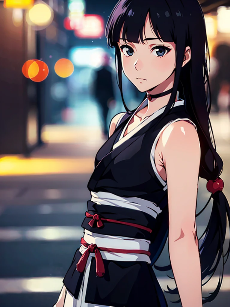 Kurotsuchi Nemu, ((masterpiece)), (Bokeh effect), Black Japanese clothing, Black Hair, (Long Hair:1.3), (Blunt bangs:1.1), Underarm, white backglound, (alone:1.3)
