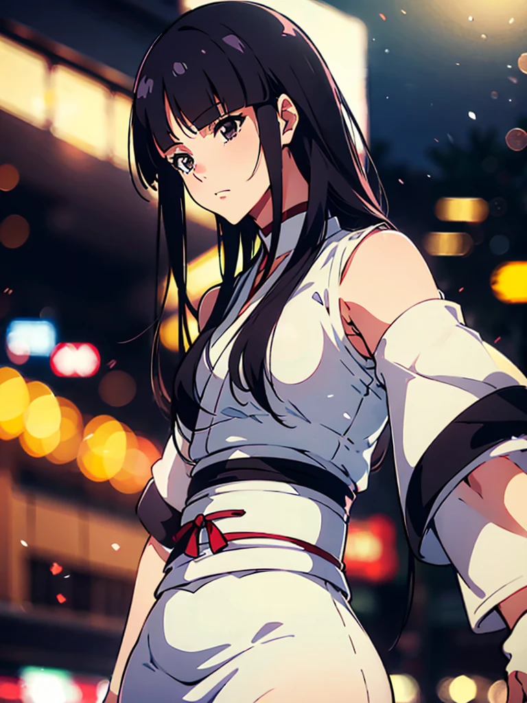 Kurotsuchi Nemu, ((masterpiece)), (Bokeh effect), Black Japanese clothing, Black Hair, (Long Hair:1.3), (Blunt bangs:1.1), Underarm, white backglound, (alone:1.3)
