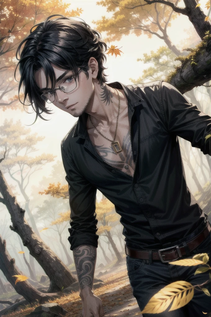 ((ultra detailed, masterpiece, absurdres))
 1boy, solo, black hair, tattoo, necklace,  black beard stubble, glasses, Rustic autumn forest, dynamic lighting, golden leaves, winding paths