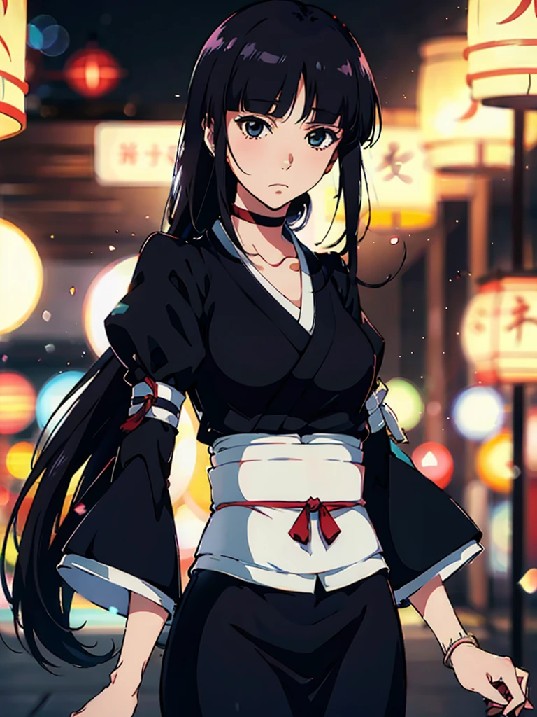 Kurotsuchi Nemu, ((masterpiece)), (Bokeh effect), Black Japanese clothing, Black Hair, (Long Hair:1.3), (Blunt bangs:1.1), Underarm, white backglound, (alone:1.3)
