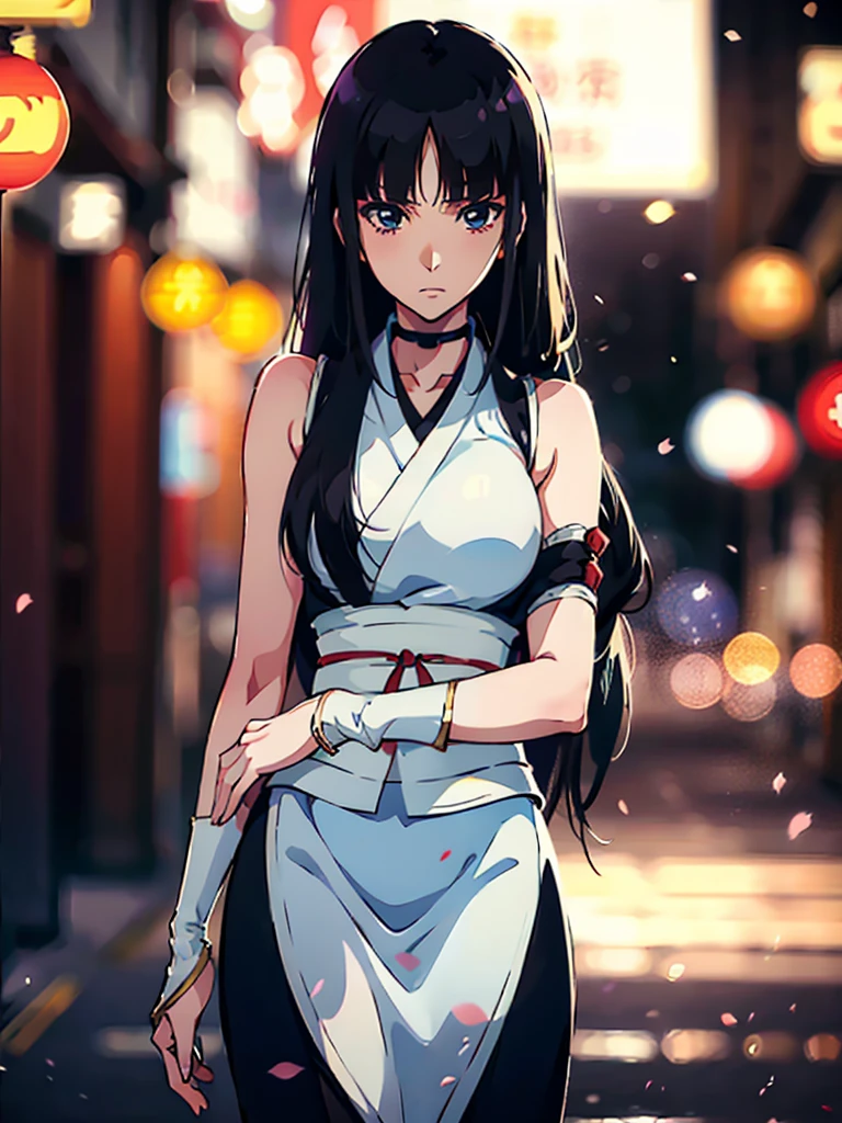 Kurotsuchi Nemu, ((masterpiece)), (Bokeh effect), Black Japanese clothing, Black Hair, (Long Hair:1.3), (Blunt bangs:1.1), Underarm, white backglound, (alone:1.3)
