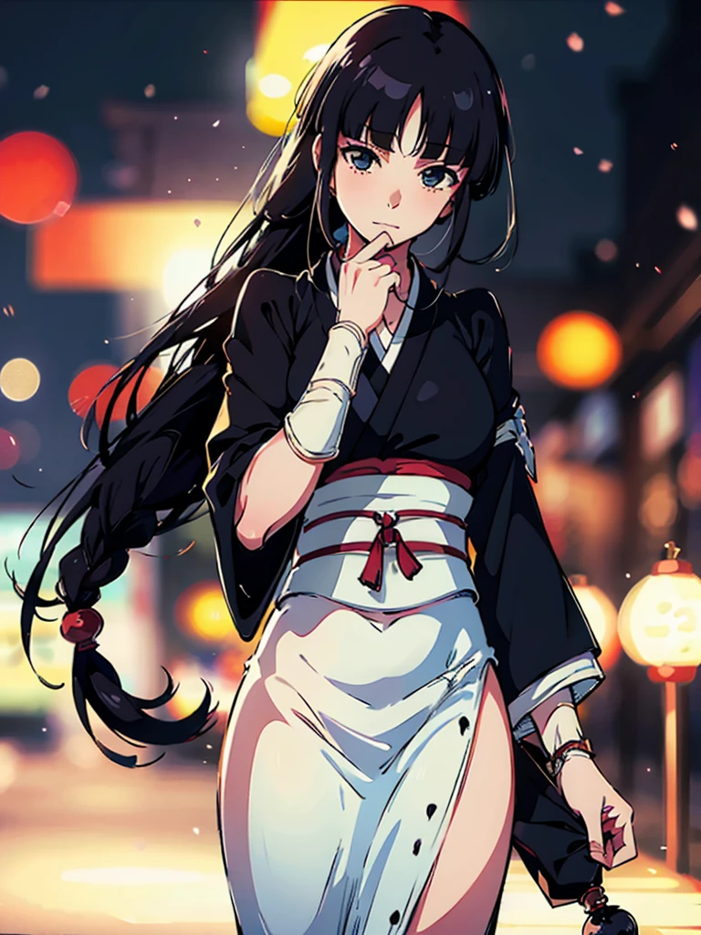 Kurotsuchi Nemu, ((masterpiece)), (Bokeh effect), Black Japanese clothing, Black Hair, (Long Hair:1.3), (Blunt bangs:1.1), Underarm, white backglound, (alone:1.3)
