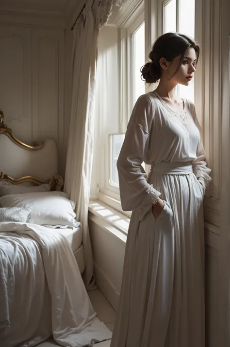 a woman standing in a room, elegant and graceful pose, hands in pockets, soft lighting, muted colors, white and light gray tones...