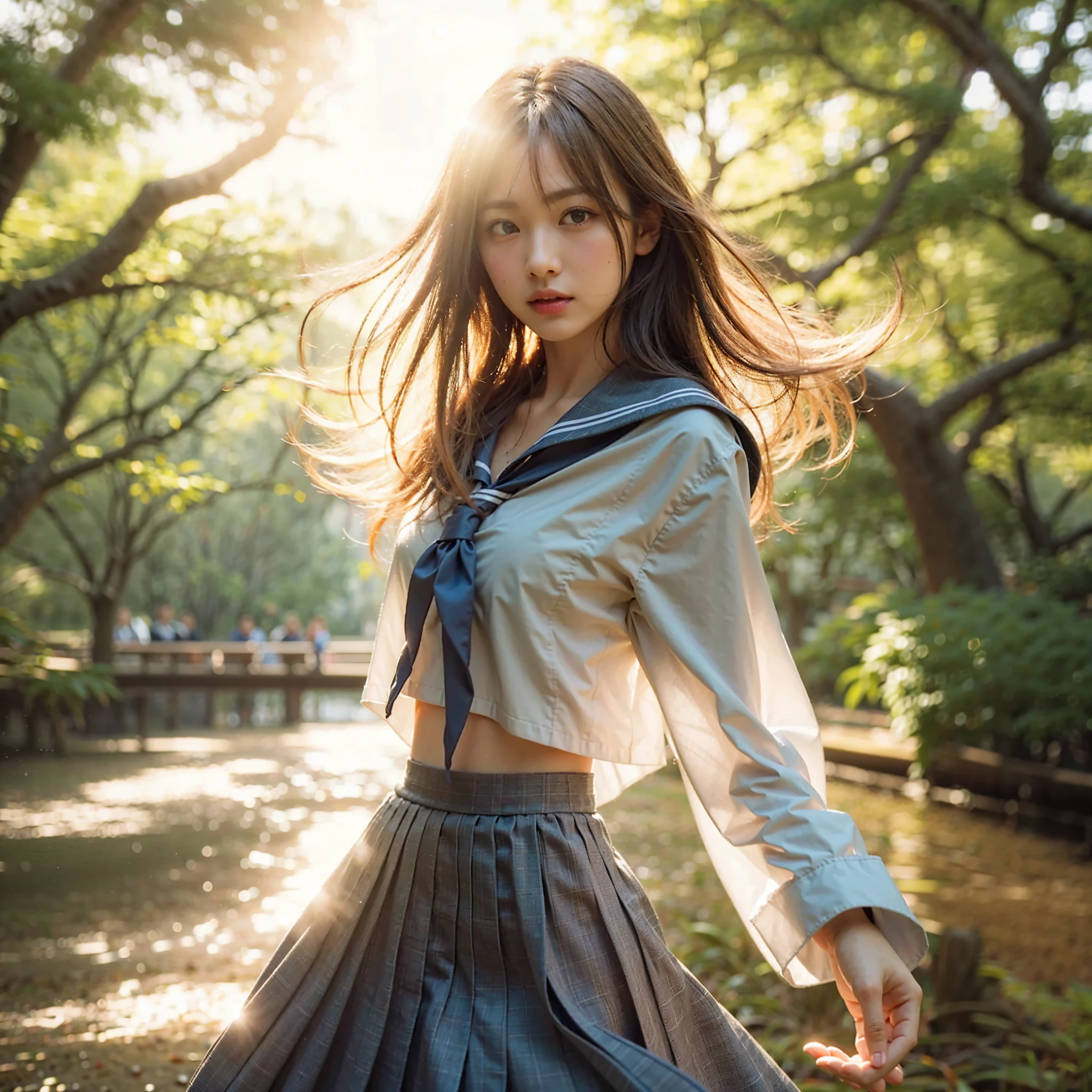 (masterpiece, best quality:1.2), (8k, uhd, ultra high res), professional lighting, (super intricate all details), (super realistic all textures),  realistic photo, ultra sharp photo result, superrealism, Lakeside park with sunlight shining through the trees, (school uniform, shirt, skirt),  japanese female, 17 years old, , skinny body, flat chest, (Tanned wheat skin:1.2), beautiful face, super detailed face,  Dramatic poses with movement