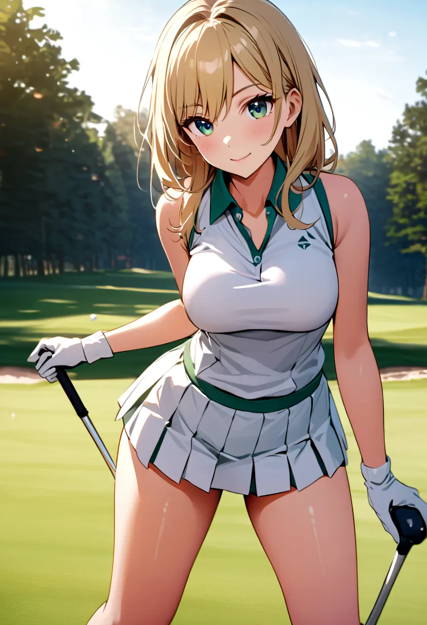 sound　high resolution　8k beauty　woman playing golf　golf course　beautiful woman　semi-long　blonde　white　golf wear　mini skirt　smile...