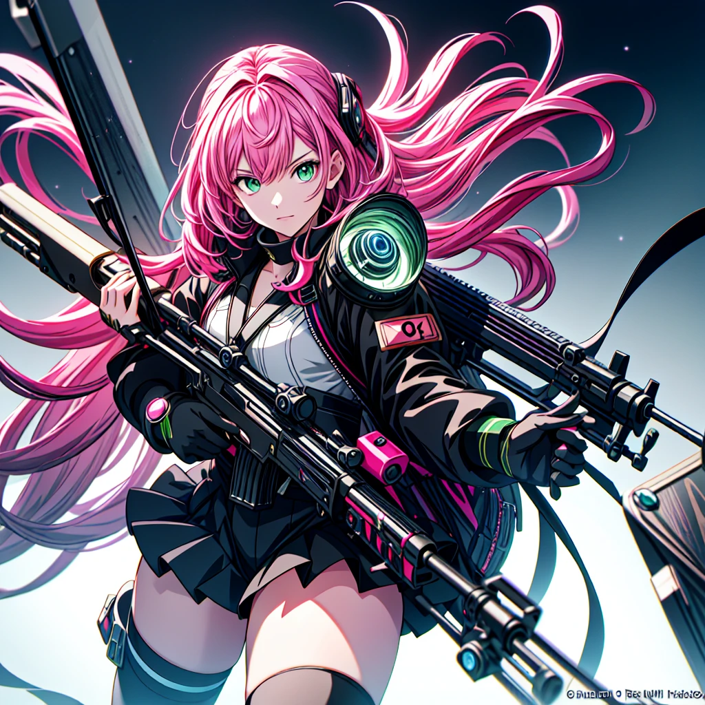 1girl、[17277fbe68],minaba hideo、High quality、Maximum detail、(((highest quality、Masterpiece、Official Art、The best dynamic composition)))、(Fine hair)、(Tabletop, highest quality), Super detailed, Anime Style, whole body, Cyberpunk Girl, Gripping a high-tech rifle, Pink Hair, Glowing green eyes, Wearing a magical girl costume , 8K High Resolution, Trend Art Station, White Background, Standing in the Wilderness, whole body,