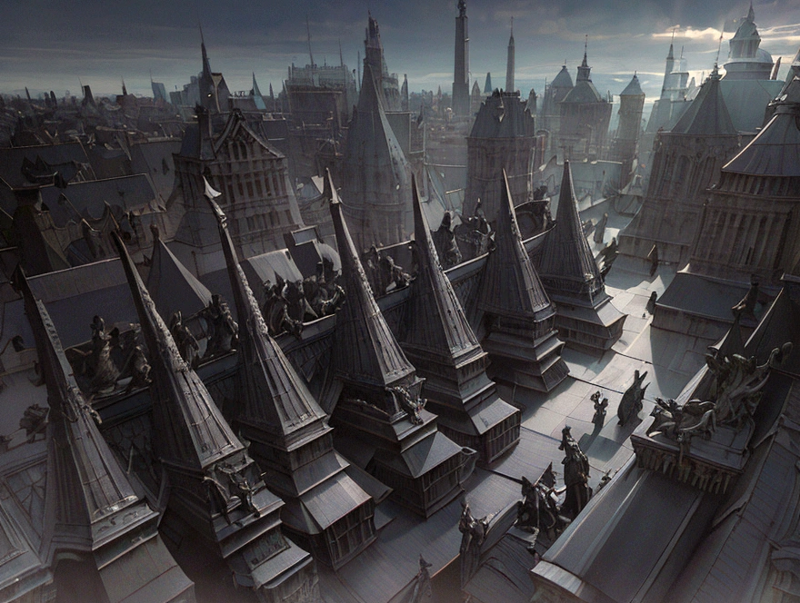 a view of fantasy medieval city, taken from the top of church of , at night, the shot taken while ((standing behind the statue of a gargoyle on the roof: 1.5)), 16K, ultra detailed, masterpiece, best quality, (extremely detailed), arafed, dnd art, god rays, cinematic lighting, glowing light, silhouette, from outside, photorealism, panoramic view (Masterpiece, intense details: 1.5) , Wide-Angle, Ultra-Wide Angle, aetherpunkai