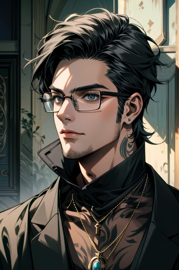 ((ultra detailed, masterpiece, absurdres)) 1boy, solo, black hair, tattoo, necklace, black beard stubble, glasses, 