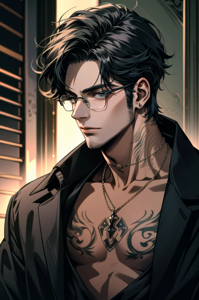 ((ultra detailed, masterpiece, absurdres)) 1boy, solo, black hair, tattoo, necklace, black beard stubble, glasses, 