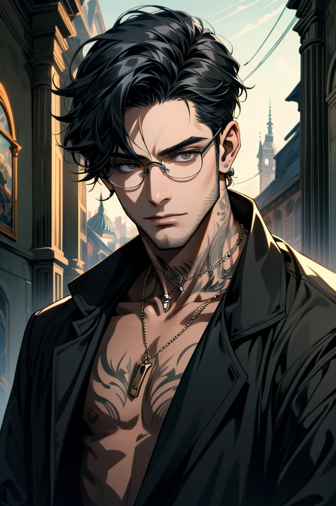 ((ultra detailed, masterpiece, absurdres)) 1boy, solo, black hair, tattoo, necklace, black beard stubble, glasses, 