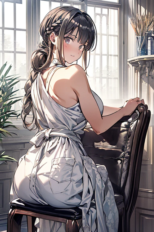 (A masterpiece of image quality in 8K),(Beautiful Allafed Woman),(((emphasizing breasts:1.3))),(Dynamic angles),(Dynamic and sexy bending pose:1.3),(sit a chair:1.3),(Short hair in shiny silver and orange inner colors,large full breasts,Disturbance of clothing due to movement,breast slip,(Ponytail twisted buns adorned with elaborate braids and beads,Braided Setup Fishbone Hair,),(see-through bangs),Huge breasts、(((A white lace apron that shows your bare skin from under your big breasts.......)))、Blush with embarrassment、Enraptured eyes、A smile that beguiles the viewer、(Look back:1.7)、Look into the photographer,skin glistening with sweat,gazing at viewer,,(Professional Lighting),(8K,masutepiece,top-quality,Ultra-high resolution output image,),(Ultra HD with complex detail image modes),depth of fields,Beautiful hands,Beautiful fingers,Detailed finger features,(Detailed hair features:1.7),detailed facial features,detailed clothes features,
