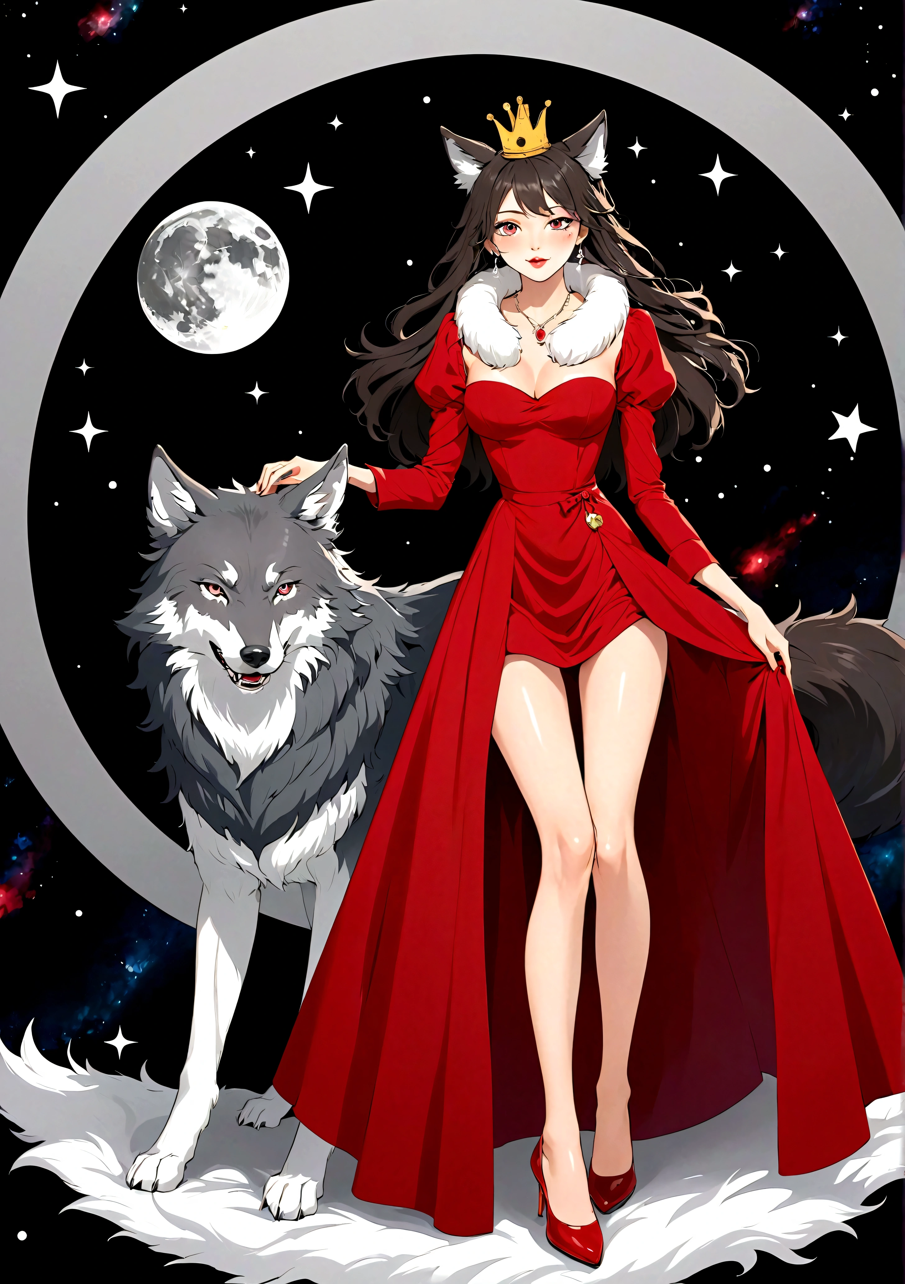 Vector，flat，A beautiful illustration：The tall big bad wolf：1.37。(Beautiful girl sitting elegantly，(((She has a beauty spot:1.37)))，Purple Eyes，Delicate lashes，laughing out loud，Fangs，Smooth skin，Long black hair，Wolf ears， Small Crown，Red dress with fur collar，Long legs，High heel。)Fierce gray wolf background。Correct human anatomy，moonlight，space