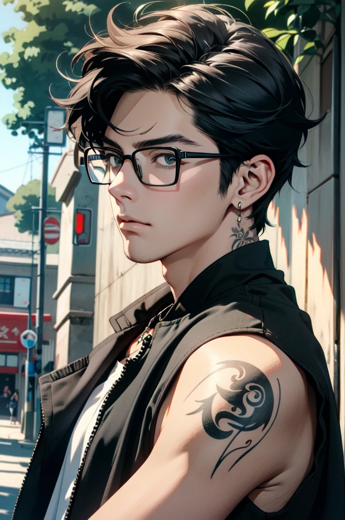 ((ultra detailed, masterpiece, absurdres)) 1boy, solo, black hair, tattoo, necklace, black beard stubble, glasses, 