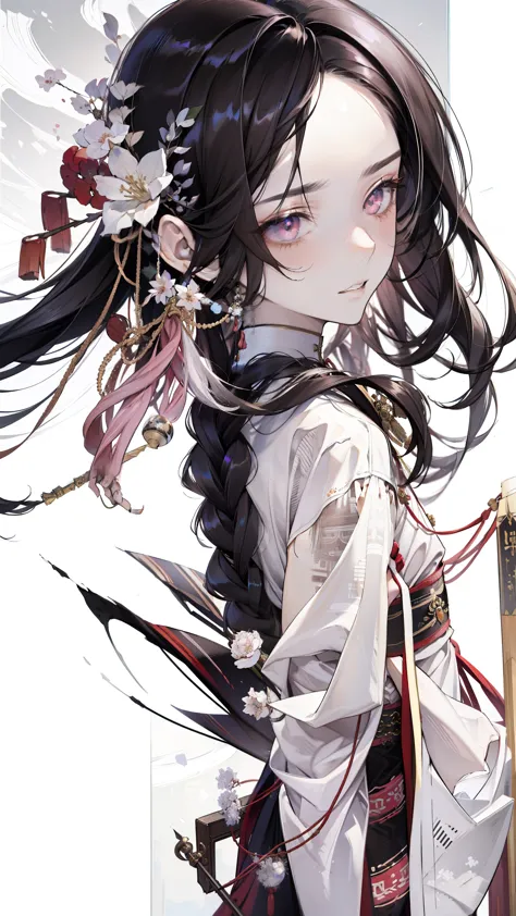 male, black long hair, ((best quality)), ((masterpiece)), (detailed), perfect face, character design, chinese, some braids and p...