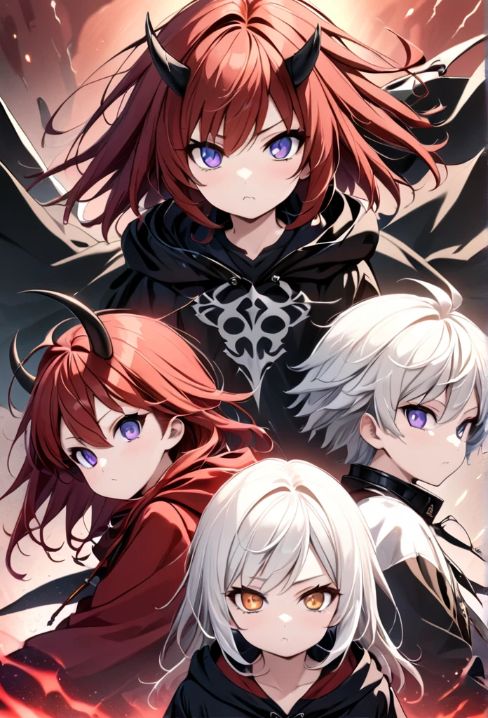 Highest quality, movie quality, the battle between the devil and the god of death, the devil (girl, 10 years old, red hair, wearing a tsuntsun head and horn, red aura), Shinigami (boy, 9 years old, white hair, straight hair, hooded robe, black sickle), the background is Tsukiyo and Venice