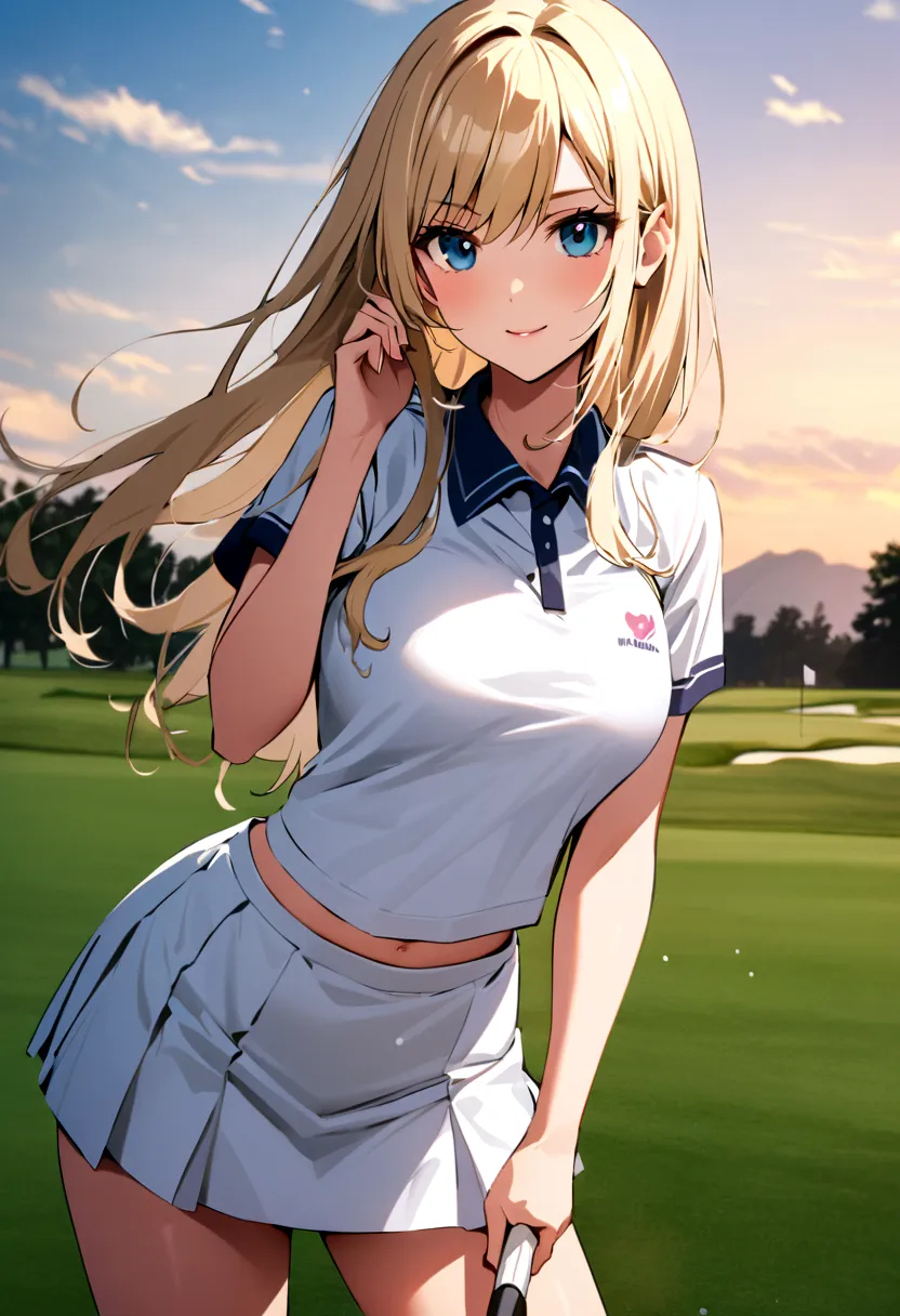 sound　high resolution　8k beauty　woman playing golf　golf course　beautiful woman　semi-long　blonde　white　golf wear　mini skirt　smile...