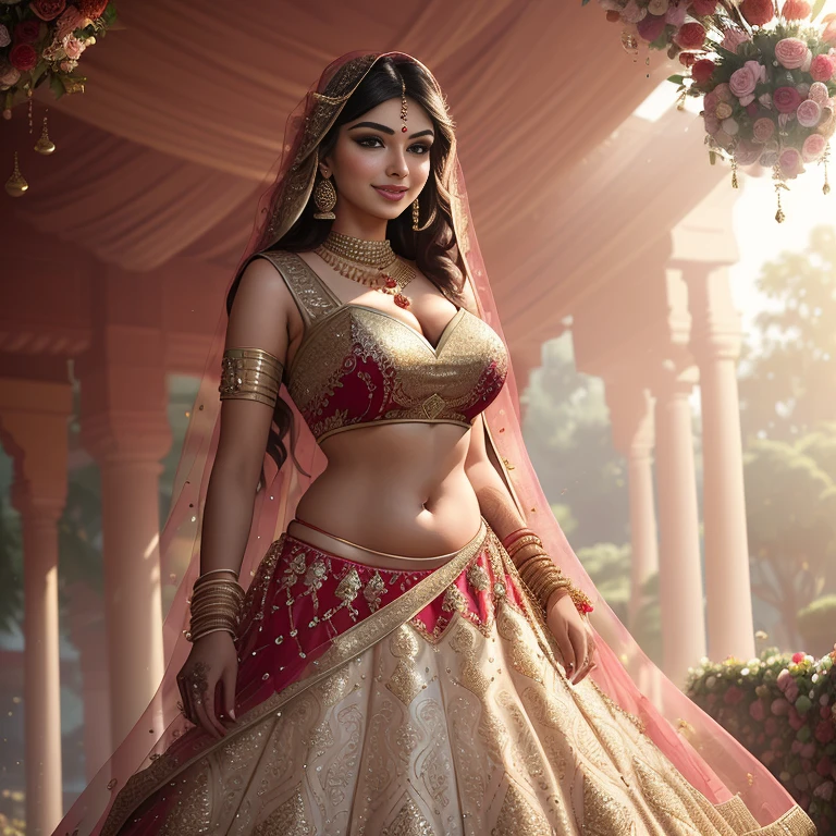 (masterpiece full length photography of a solo:1.2) alluring sexy tall curvy (18 yr old) Indian supermodel princess bride Ayesha Takia walking in (garden:1.3), (wearing stunning bridal red & gold lehenga & blouse:1.3). sheer dupatta, maximalism, (wedding flower decorations:1.3), (elegant cleavage & belly), (indian makeup & jewelry:1.2) long braided brown hair with highlights,, vivacious, lustful glance, exhilarated (beautiful detailed eyes:1.1) , (flirty bright smile:1.2), (intense dramatic afternoon light:1.4), backlit, key light, rim light, light rays, highly detailed, trending on artstation, paint splashes, rich color, abstract portrait, by Atey Ghailan