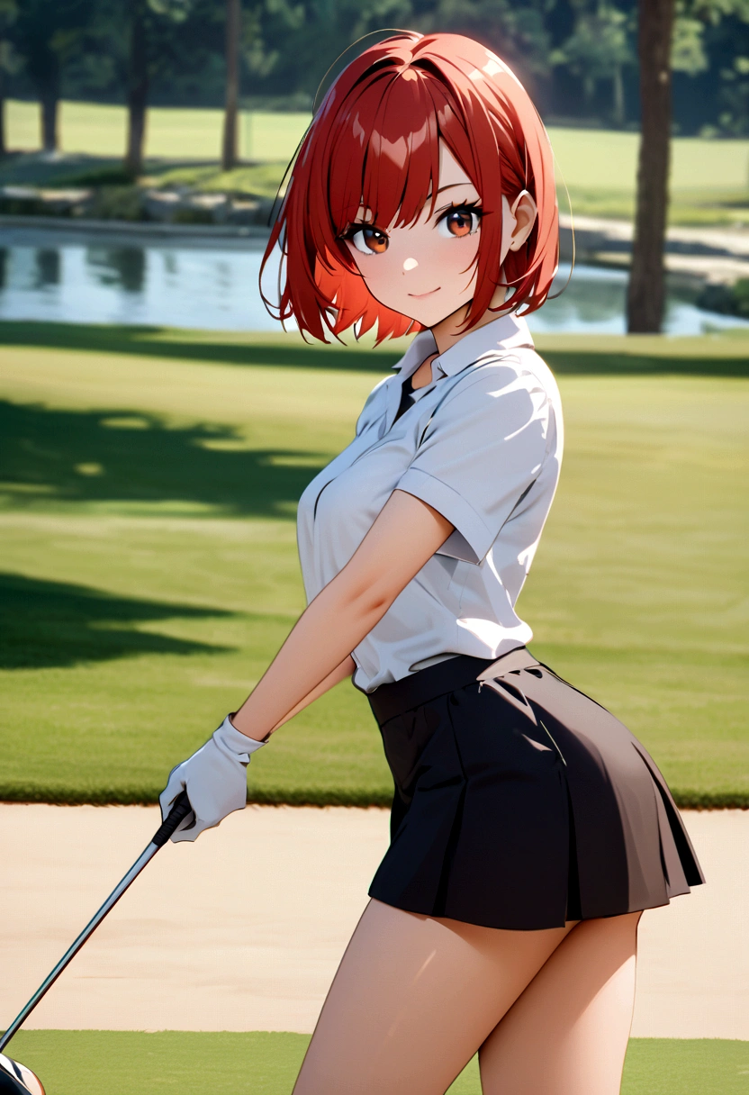 sound　high resolution　8k beauty　Woman playing golf　Golf course　Beautiful woman　Bobcut　Red hair　Black　Golf Wear　mini skirt　smile　　looking at the camera　nice shot