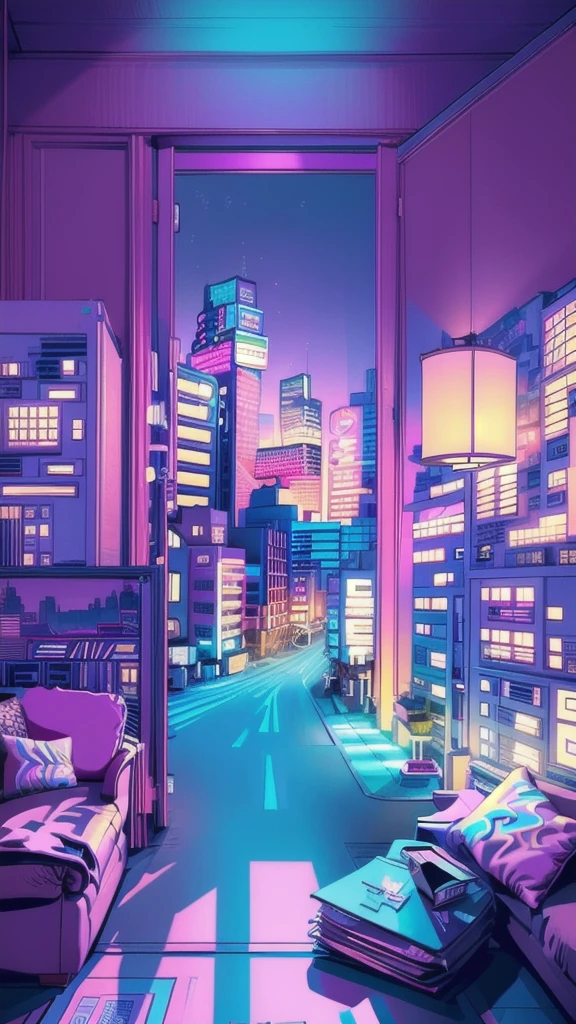 pink theme, style anime, huge city background, precious hotel, large living room, (Highly detailed:1.2), (warm light:1.2), masterpiece, ultra realistic,32k, extremely detailed CG unity 8k wallpaper, best quality  (masterpiece,best quality:1.5)