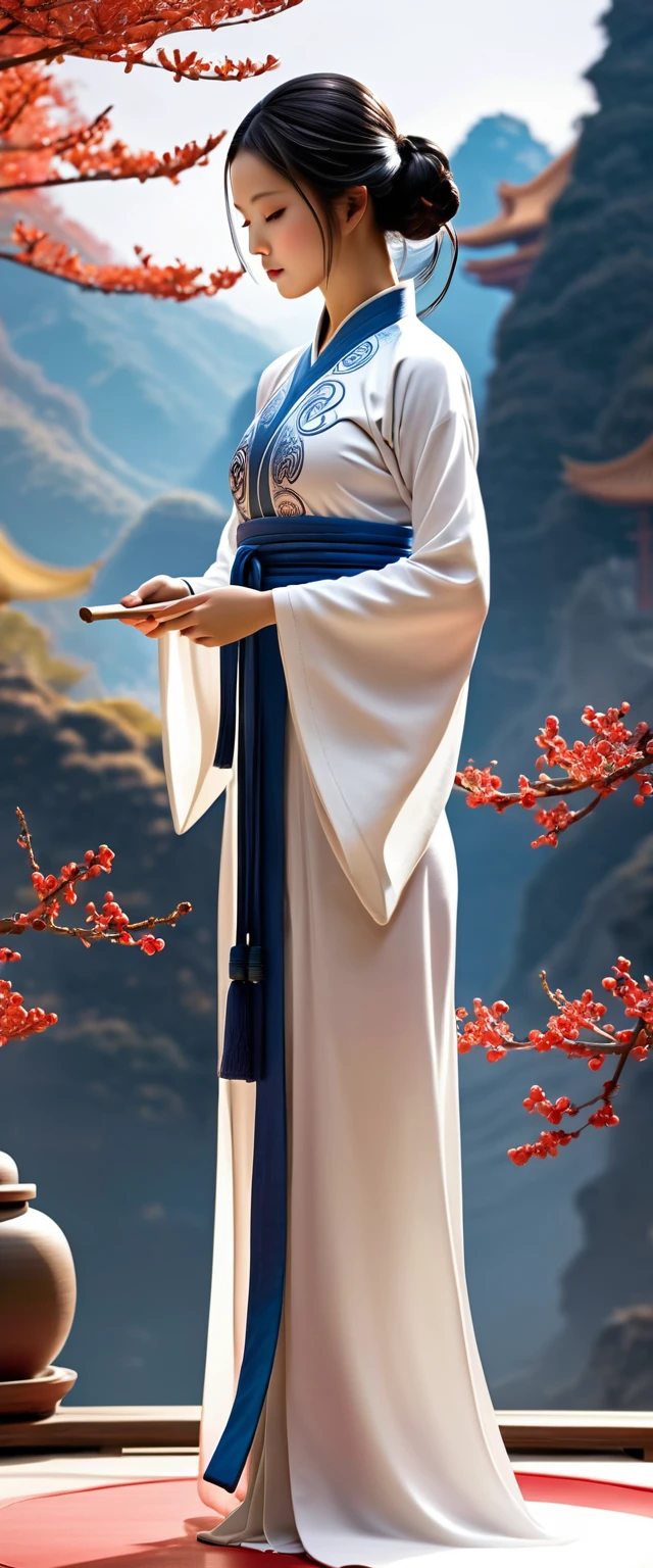 (wallpaper),32k,((Extremely exquisite and beautiful)),(((masterpiece))),(((best quality))),(超high resolution),Realistic shadows,(high resolution),，High Quality Fantasy Artifact Concept Art, Simple Tai Chi background, Ceramic Chinese Girl,3D， Carved high-end porcelain, complicated, Gorgeous, 32K
