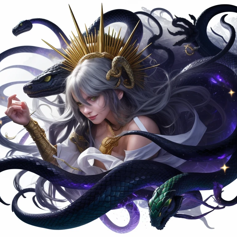 (masterpiece),(best quality:1.0), (ultra highres:1.0), Dark as darkness background、Background inside the cave、The background is very dark、detailed,Woman and snakes、Upper Body、Her lower body is hidden in the darkness.、profile、Cool smile、A woman with bare shoulders wearing a white cloth、Ferocious serpent、Real wet scale texture、The surface of the wet scales shines dully.、Menacing serpent、Facing left、Emerald green eyes、Gold Hair Ornament、Gold bracelet、Holding your right hand forward、He has long gold needles on the middle and ring fingers of his right hand.、Some snakes can see into space、Gray purple hair、Medium Hair、A woman, a snake coming out of the darkness、Starry Universe、A white and grey mist surrounds the area