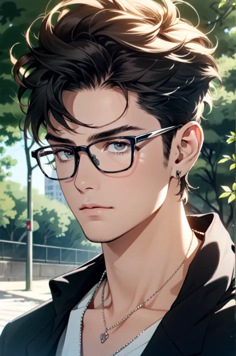((ultra detailed, masterpiece, absurdres)) 1boy, solo, black hair, tattoo, necklace, black beard stubble, glasses,