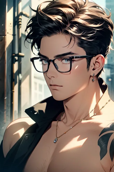 ((ultra detailed, masterpiece, absurdres)) 1boy, solo, black hair, tattoo, necklace, black beard stubble, glasses,