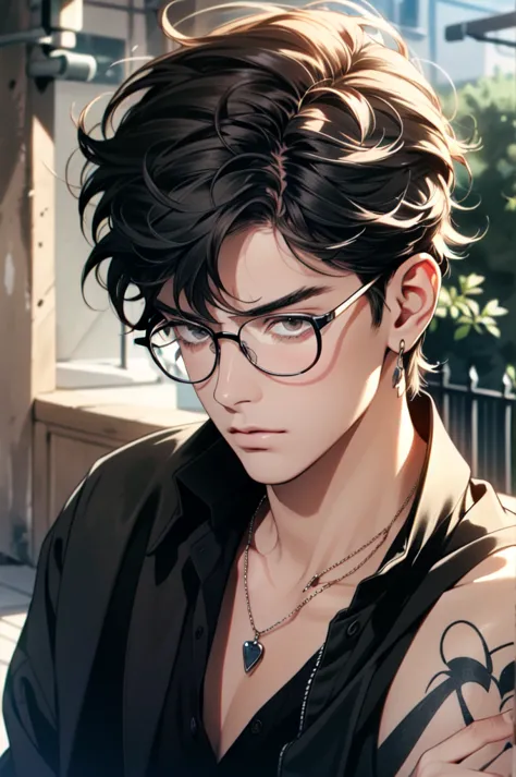 ((ultra detailed, masterpiece, absurdres)) 1boy, solo, black hair, tattoo, necklace, black beard stubble, glasses,