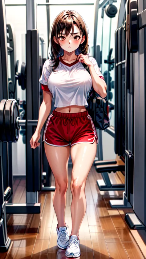  1girl, gym uniform, gym shorts, red shorts, high-waisted shorts, 1woman, medium hair, big breasts, brown hair, brown eyes, full...