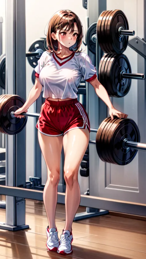  1girl, gym uniform, gym shorts, red shorts, high-waisted shorts, 1woman, medium hair, big breasts, brown hair, brown eyes, full...