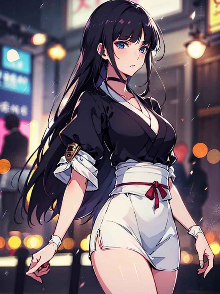 Kurotsuchi Nemu, ((masterpiece)), (Bokeh effect), Black Japanese clothing, Black Hair, (Long Hair:1.3), (Blunt bangs:1.1), Underarm, white backglound, (alone:1.3)
