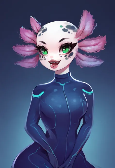 2D art style, high quality, Axolotl anathropomorphic, female, she is bald, she has a piranha upper crest in the middle of her he...