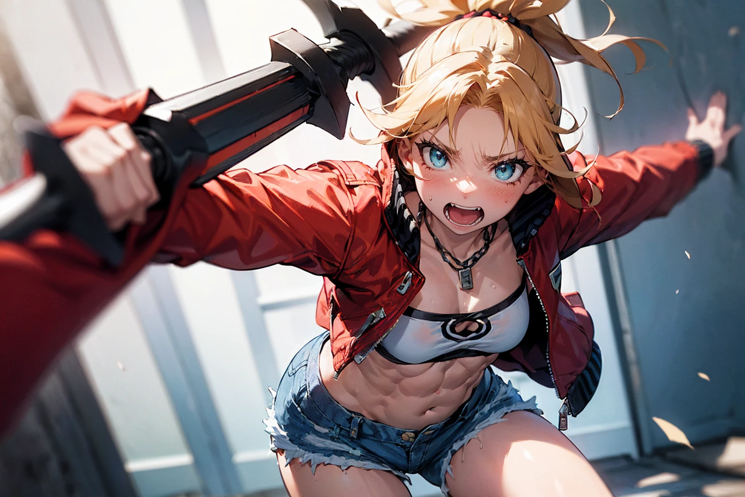 ((One Woman:2)), (Red jacket：1.9 )、((Battle Scenes, Swinging his sword violently,Dynamic Pose, Dynamic Action,Tight chest tops, Two-handed sword swinging pose)) , （Green Eyes:1.3）、Blonde Hair、ponytail、short hair、Scrunchie、赤いScrunchie、ヘアScrunchie、(赤いJacket:1.3)、denim、denimShorts、Jacket、jewelry、Abdominal muscles、Sturdy body、belly button、necklace、(赤い革Jacket)、Shorts、Shorts、Tube top、White top、,(Perfect hands),(Perfect Anatomy, complete hand depiction),(masterpiece),(highest quality),　Angry face：1.３
