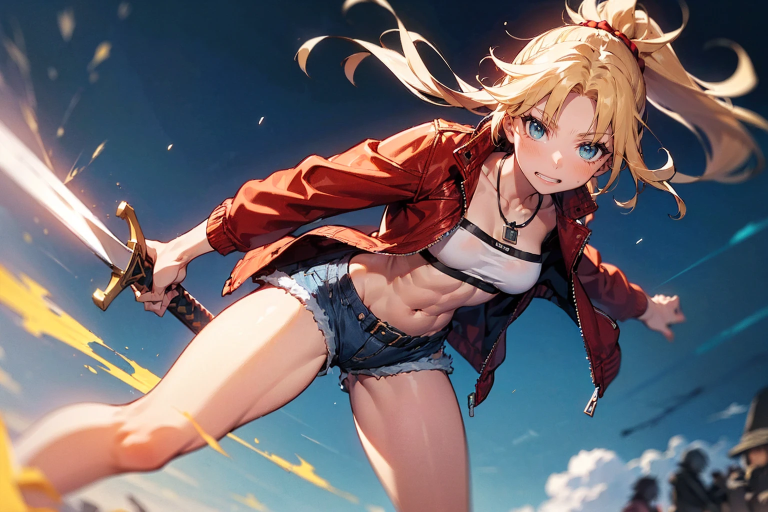 ((One Woman:2)), (Red jacket：1.9 )、((Battle Scenes, Swinging his sword violently,Dynamic Pose, Dynamic Action,Tight chest tops, Two-handed sword swinging pose)) , （Green Eyes:1.3）、Blonde Hair、ponytail、short hair、Scrunchie、赤いScrunchie、ヘアScrunchie、(赤いJacket:1.3)、denim、denimShorts、Jacket、jewelry、Abdominal muscles、Sturdy body、belly button、necklace、(赤い革Jacket)、Shorts、Shorts、Tube top、White top、,(Perfect hands),(Perfect Anatomy, complete hand depiction),(masterpiece),(highest quality),　Angry face：1.３
