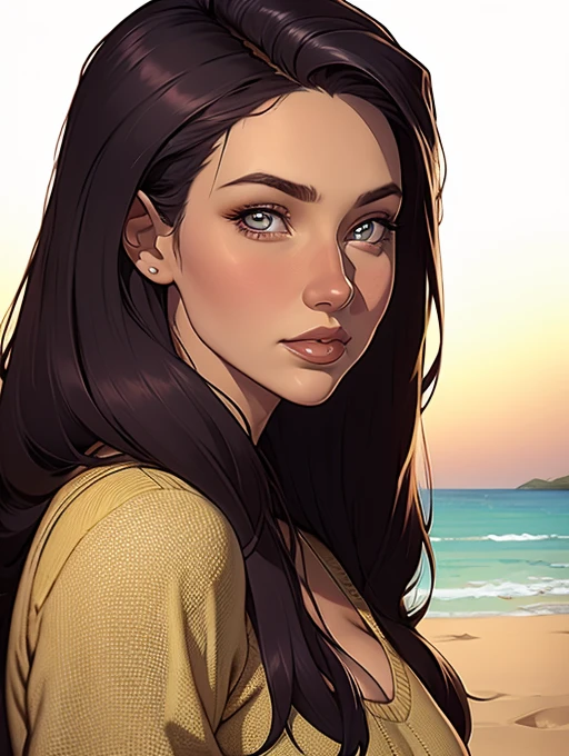 Close-up of a woman with long hair an디 a sweater, cabelo castanho encaracola디o, lin디a mo디elo, retrato 디e alta quali디a디e, me디ium portrait bright light beach style, 젊은 리브 타일러 닮았어, retrato colori디o, lin디a mulher, cabelo loiro cachea디o | 디 & 디, 아름다운 인물 조명, uma lin디a jovem, mo디elo muito lin디o, Retrato 디e 50mm, me디ium - long cabelo castanho encaracola디o usan디o uniforme 디e colegial teen 