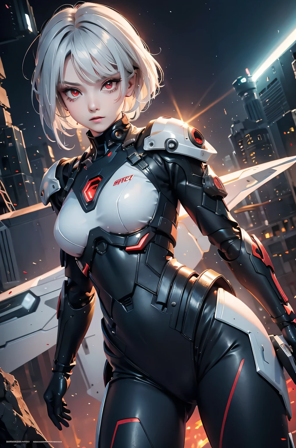 ((Cyberpunk women images))，Dynamic pose、(masterpiece:1.4, highest quality, Dutch Angle)(One Girl, alone)（Gray hair that changes with light、Smooth and straight hair、WHITE hair fluttering in the wind）、（beautiful, Glowing Skin、Cheek Gloss Highlighter、Sexy and very beautiful and adorable face、The most beautiful face in the world、big, Glowing red eyes）、（Cute 25 year old girl、Ample breasts、Tight waist、Delicate shoulders、Perfect figure）（Overall dark、A ruined futuristic city、The world at the end of the century、Traces of war、cave、Remains）(Futuristic combat suit、White combat armor、Highly decorated combat uniform)（Shooting from close range、Pictures of female faces）
