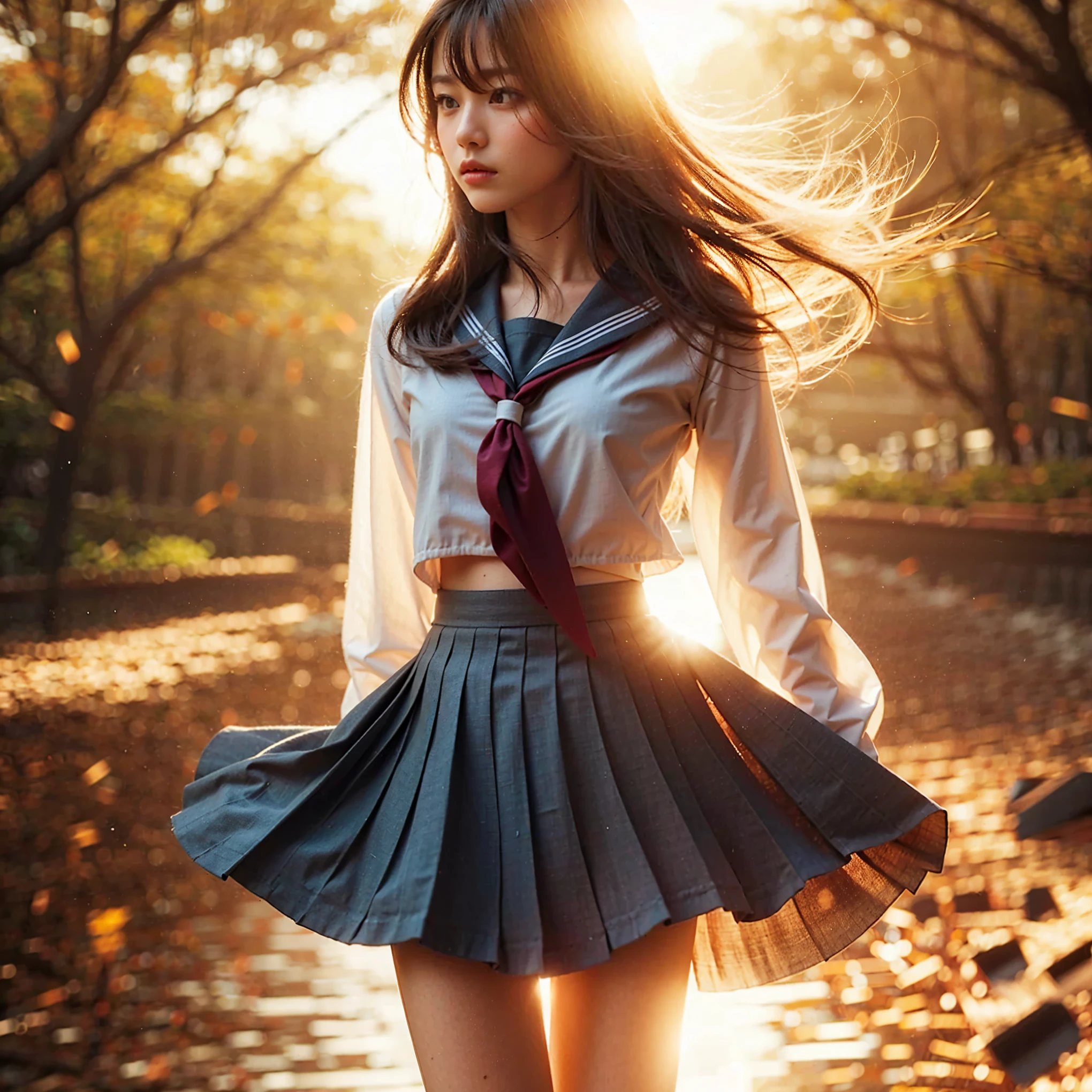 (masterpiece, best quality:1.2), (8k, uhd, ultra high res), professional lighting, (super intricate all details), (super realistic all textures),  realistic photo, ultra sharp photo result, superrealism, Lakeside park with sunlight shining through the trees, (school uniform, shirt, skirt),  japanese female, 17 years old, , skinny body, flat chest, (Tanned wheat skin:1.2), beautiful face, super detailed face,  Dramatic poses with movement