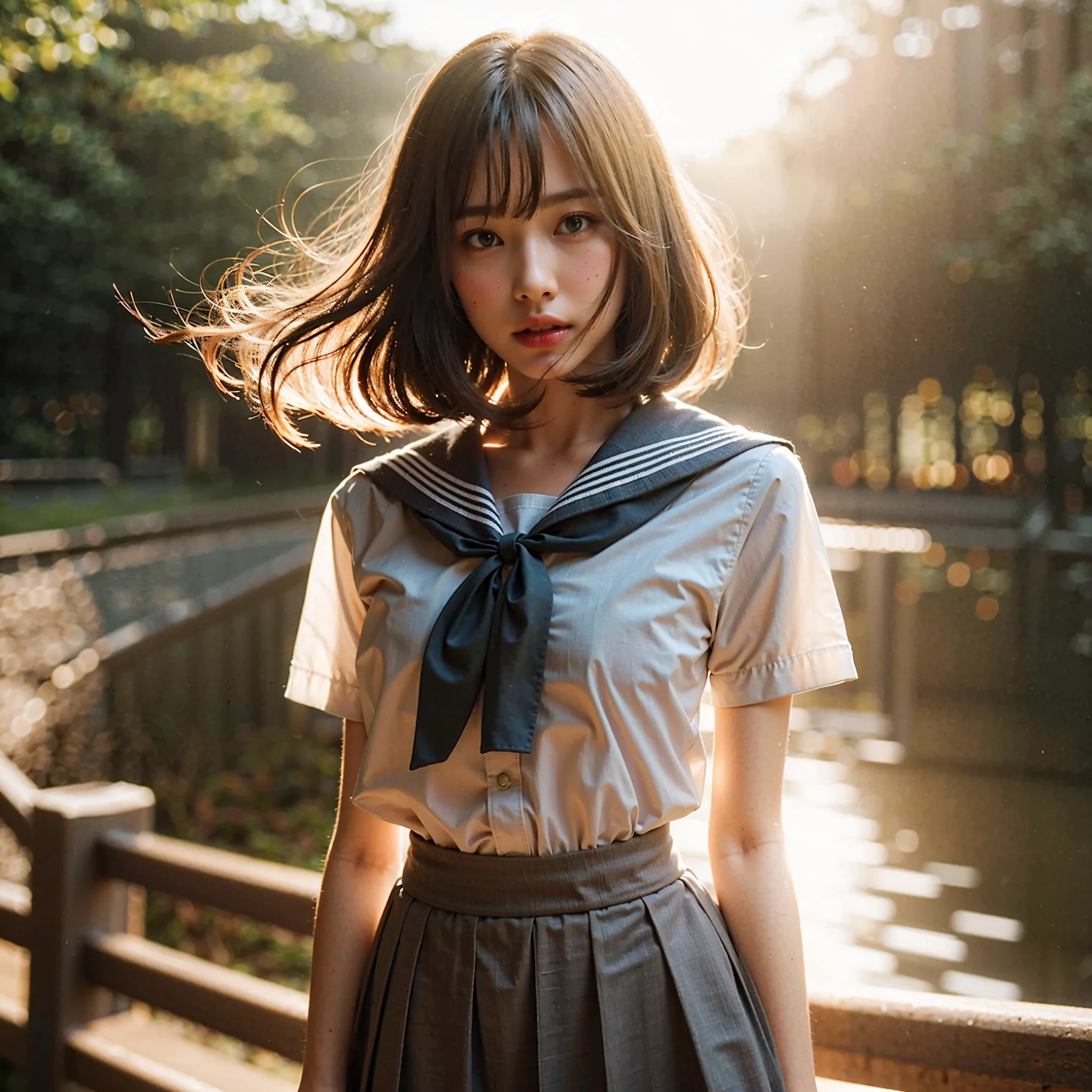 (masterpiece, best quality:1.2), (8k, uhd, ultra high res), professional lighting, (super intricate all details), (super realistic all textures),  realistic photo, ultra sharp photo result, superrealism, Lakeside park with sunlight shining through the trees, (school uniform, shirt, skirt),  japanese female, 17 years old, , skinny body, flat chest, (Tanned wheat skin:1.2), beautiful face, super detailed face,  Dramatic poses with movement