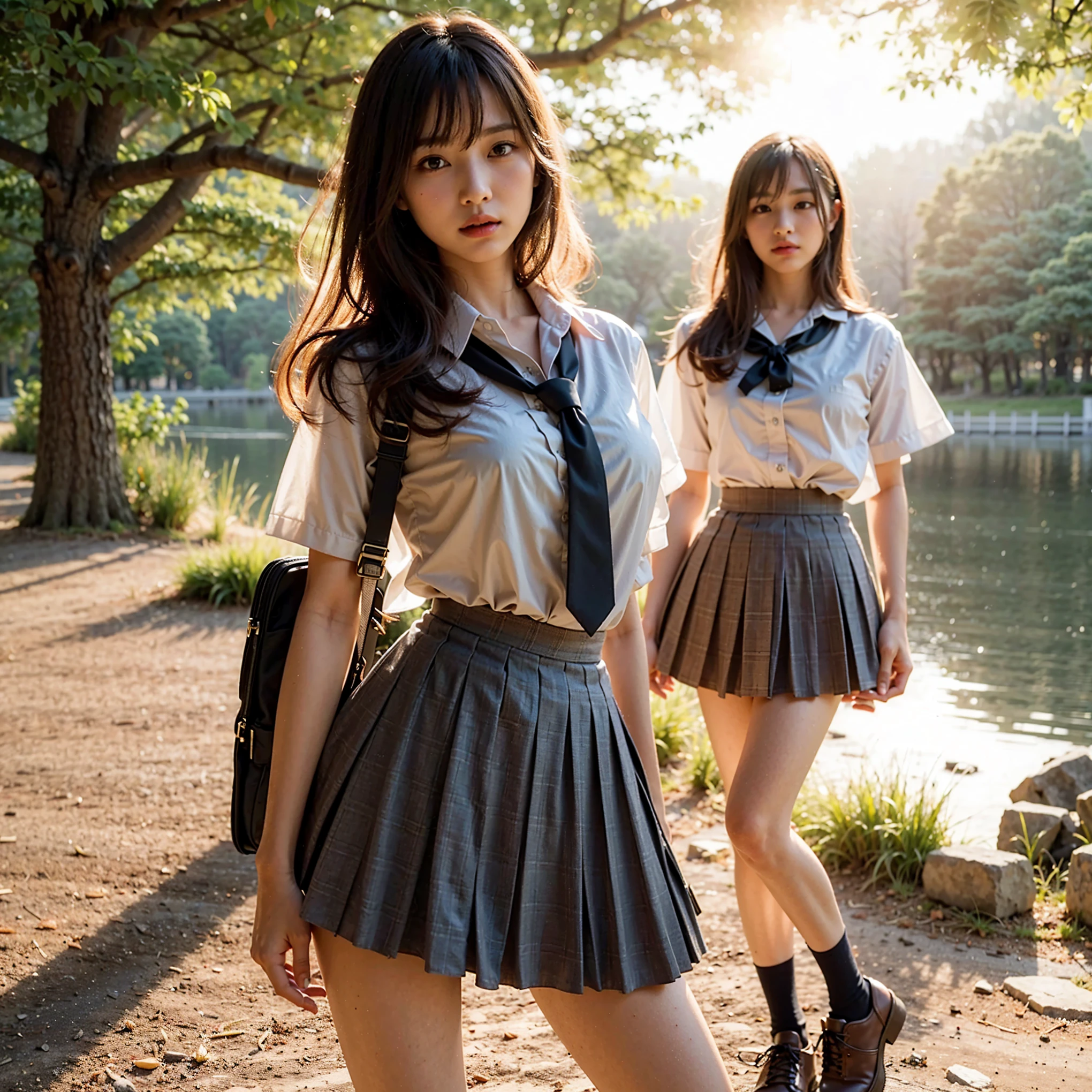 (masterpiece, best quality:1.2), (8k, uhd, ultra high res), professional lighting, (super intricate all details), (super realistic all textures),  realistic photo, ultra sharp photo result, superrealism, Lakeside park with sunlight shining through the trees, (school uniform, shirt, skirt),  japanese female, 17 years old, , skinny body, flat chest, (Tanned wheat skin:1.2), beautiful face, super detailed face,  Dramatic poses with movement