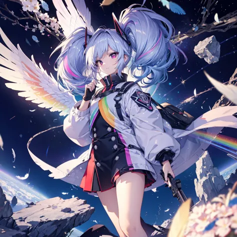 ((Archangel　Fantasy　Rainbow Hair　Make your hair rainbow-colored on the inside　Twin tails　Dull red eyes　Have a weapon　uniform　Put...