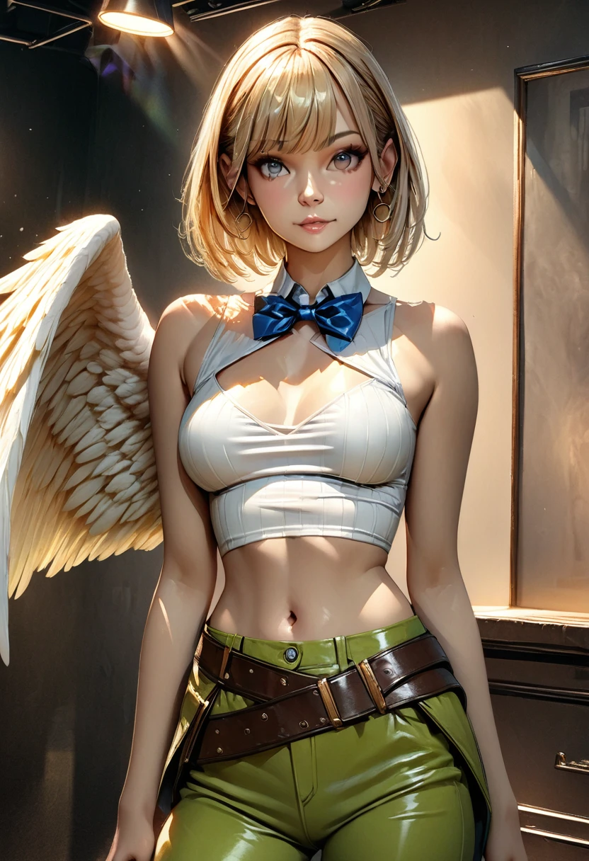 1girl, short blonde hair, pixie cut, white crop top, green pants, leather belt across waist, golden ring earrings, medium breasts, slim waist, medium hips, green eyes, (((angel wings with color transition from yellow to green))), (((large blue bowtie))), best quality, 4k, 8k, highres, masterpiece:1.2, ultra-detailed, realistic, photorealistic, photo-realistic:1.37, HDR, UHD, studio lighting, ultra-fine painting, sharp focus, physically-based rendering, extreme detail description, professional, vivid colors, bokeh