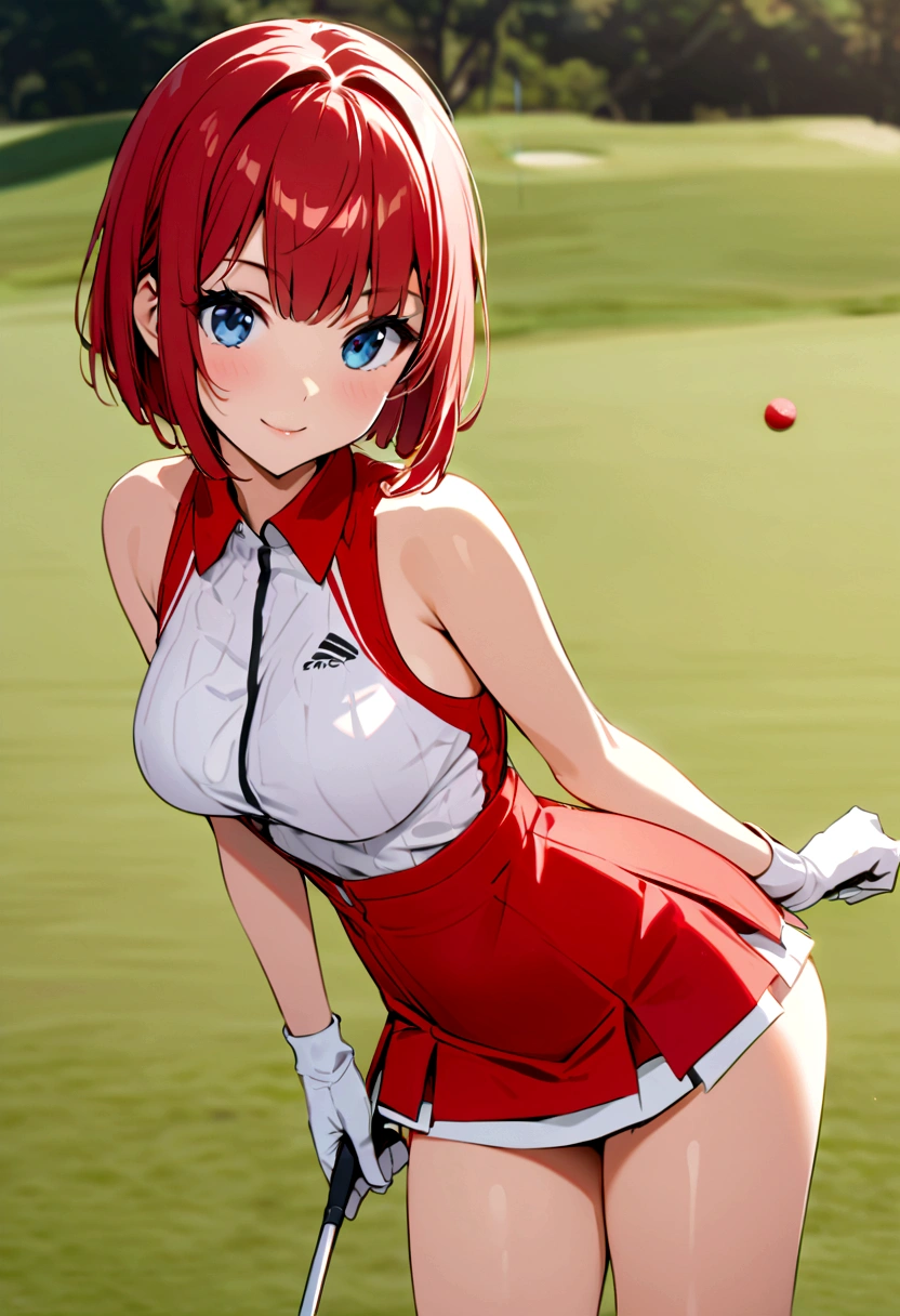 sound　high resolution　8k beauty　Woman playing golf　Golf course　Beautiful woman　Bobcut　Red hair　　Golf Wear　mini skirt　smile　　looking at the camera　nice shot