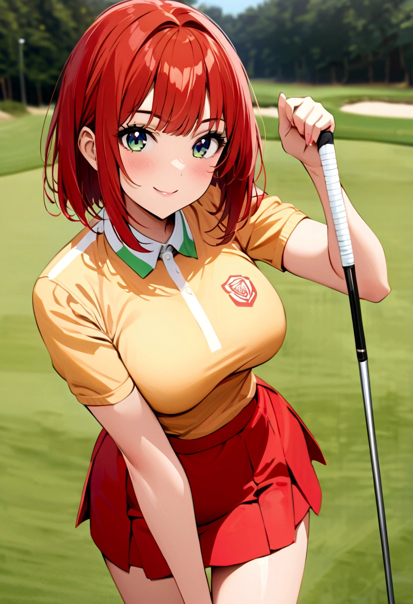 Som　alta resolução　beleza 8k　Mulher que joga golfe　Campo de golfe　linda mulher　corte bob　cabelo vermelho　　Roupas de golfe　mini-saia　Sorriso　　olhando para a câmera　Bom tiro
