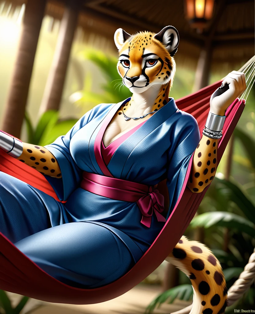 4k highly detailed realistic digital extremely high quality drawing, masterpiece, (by keeltheequine), (uploaded on e621), (beautiful and detailed eyes: 1.1), cinematic lighting, (f1.8 short focus bokeh), Female cheetah, fat, hammock, tropical setting, kimono, silver earrings, silver bracelets, silver rings, silver necklaces