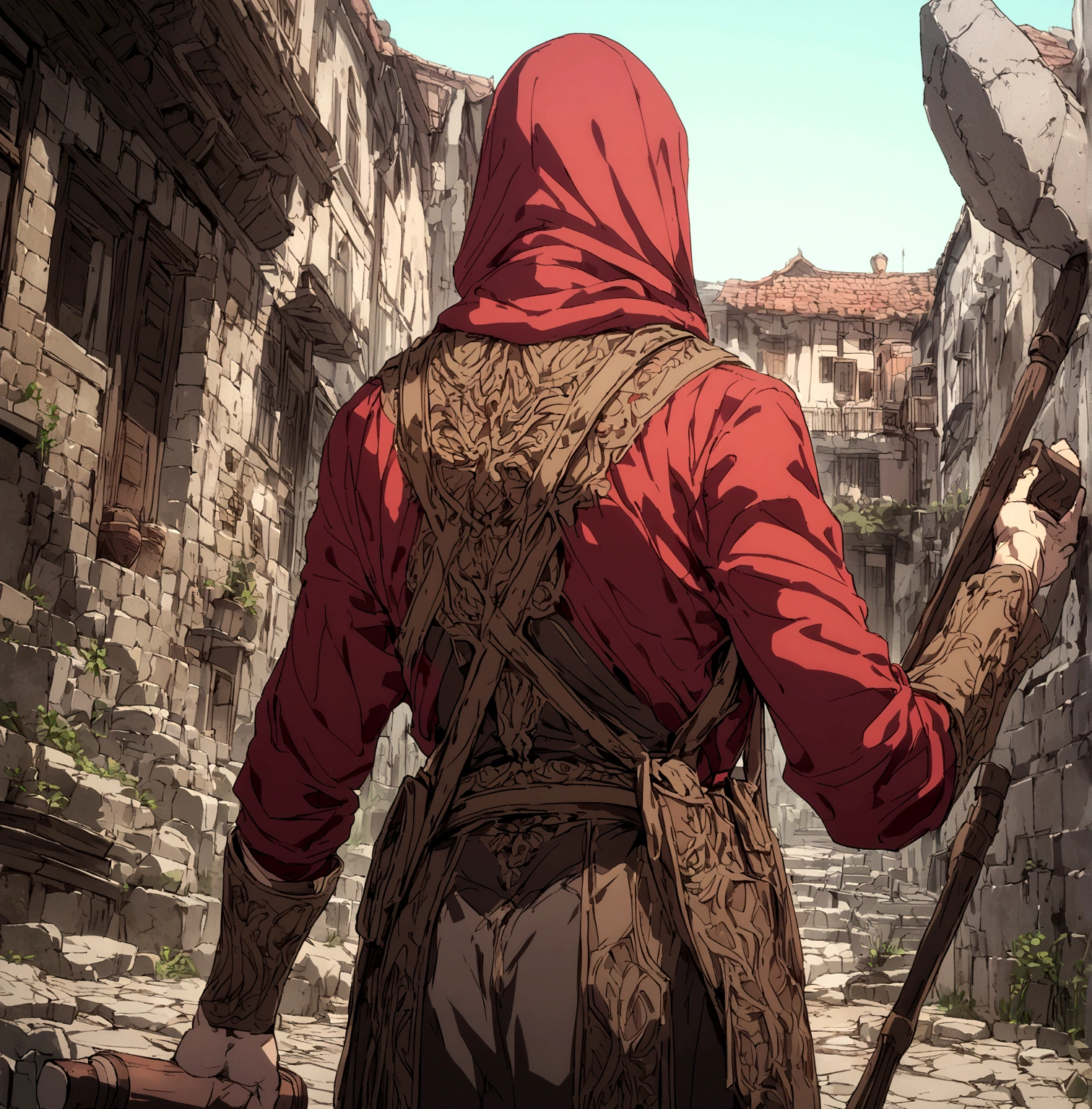 eren wearing a red hood holding a hammer, back turned to the camera