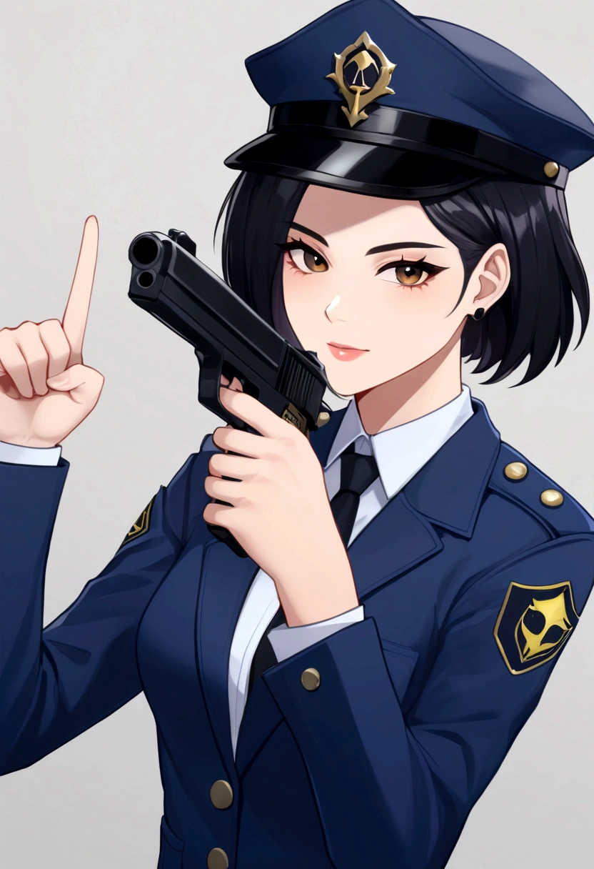 anime girl in uniform holding a gun and pointing it at the camera, officer, seductive anime girl, policewoman, Trigun Stampede style, short hair, straight hair, Viper | Valorant, Jane | Alchemy Stars, White Shirt, blue blazer, thicc, casual pose, 
a-1 pictures, high quality fanart, portrait n - 9, 