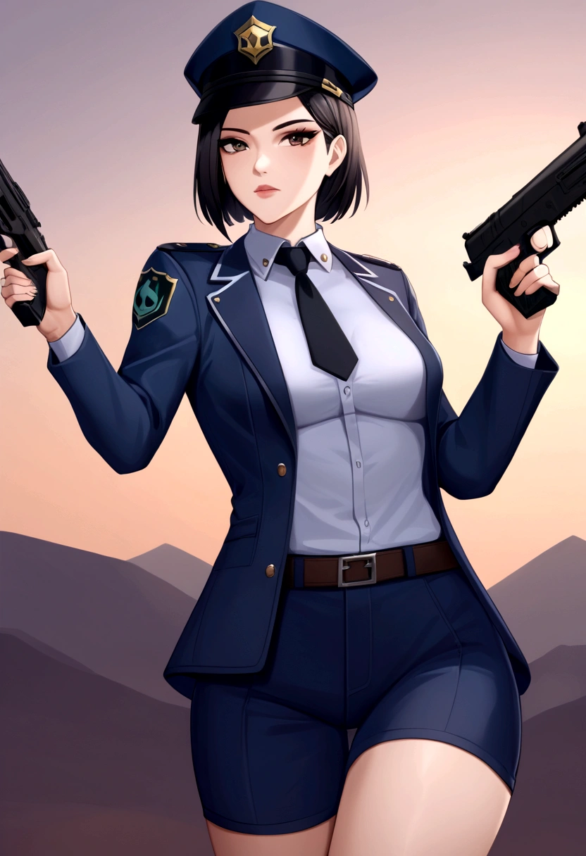 anime girl en uniforme tenant une arme à feu et la pointant vers la caméra, officier, fille d'anime séduisante, Femme policier, Style Trigun Stampede, Cheveux courts, cheveux lisses, VIPÈRE | évaluer, Jane | Étoiles de l&#39;alchimie, chemise blanche, Blazer bleu, épais, Pose décontractée, 
a-1 photos, fanart de haute qualité, portrait n - 9, 