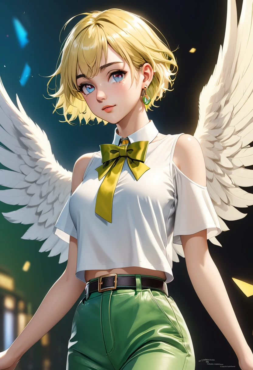 1girl, short blonde hair, pixie cut, white crop top, green pants, leather belt across waist, golden ring earrings, medium breasts, slim waist, medium hips, green eyes, (((angel wings with color transition from yellow to green))), (((large blue bowtie))), best quality, 4k, 8k, highres, masterpiece:1.2, ultra-detailed, realistic, photorealistic, photo-realistic:1.37, HDR, UHD, studio lighting, ultra-fine painting, sharp focus, physically-based rendering, extreme detail description, professional, vivid colors, bokeh